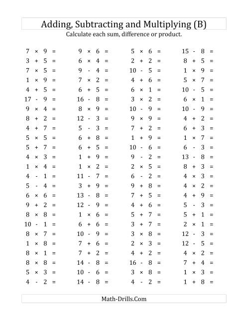 The 100 Horizontal Addition/Subtraction/Multiplication Questions (Facts 1 to 9) (B) Math Worksheet