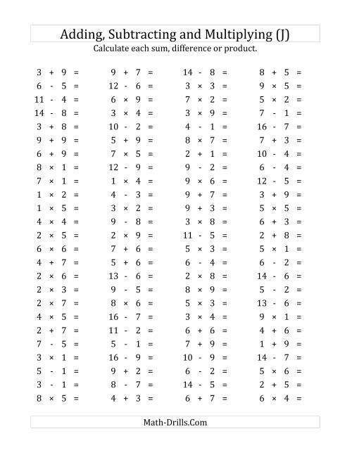 The 100 Horizontal Addition/Subtraction/Multiplication Questions (Facts 1 to 9) (J) Math Worksheet