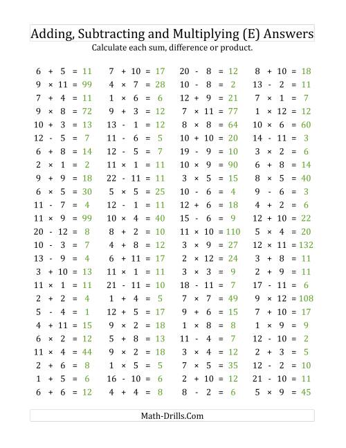The 100 Horizontal Addition/Subtraction/Multiplication Questions (Facts 1 to 12) (E) Math Worksheet Page 2