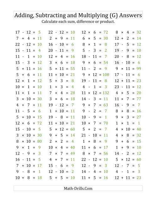 The 100 Horizontal Addition/Subtraction/Multiplication Questions (Facts 1 to 12) (G) Math Worksheet Page 2