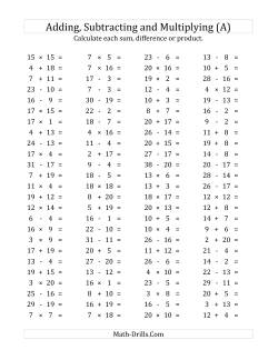 100 Horizontal Addition/Subtraction/Multiplication Questions (Facts 1 to 20)