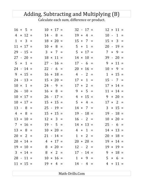 The 100 Horizontal Addition/Subtraction/Multiplication Questions (Facts 1 to 20) (B) Math Worksheet