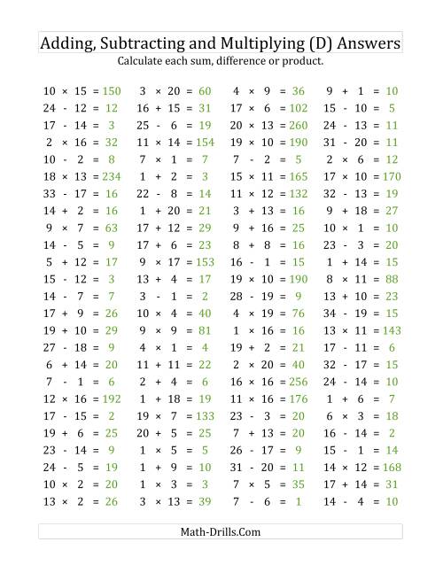 The 100 Horizontal Addition/Subtraction/Multiplication Questions (Facts 1 to 20) (D) Math Worksheet Page 2