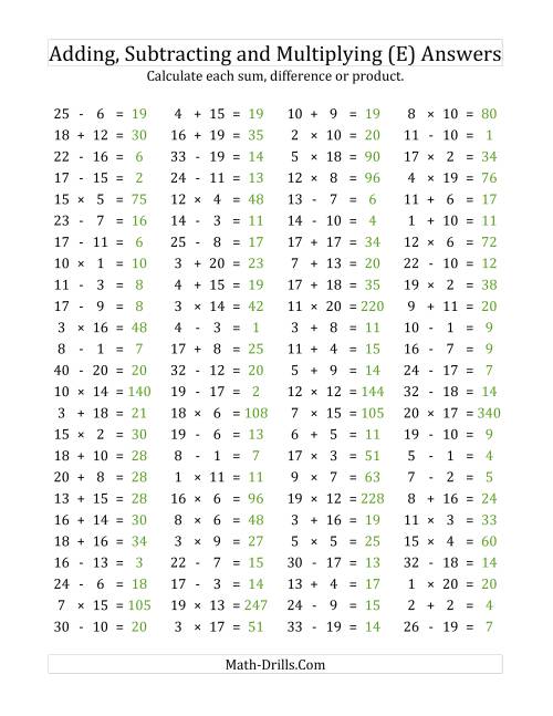 The 100 Horizontal Addition/Subtraction/Multiplication Questions (Facts 1 to 20) (E) Math Worksheet Page 2