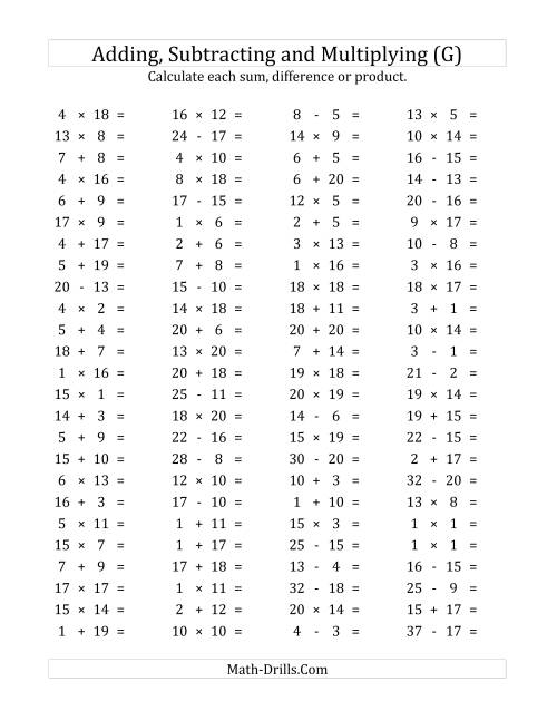 The 100 Horizontal Addition/Subtraction/Multiplication Questions (Facts 1 to 20) (G) Math Worksheet