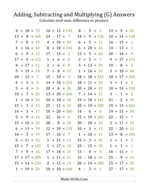 The 100 Horizontal Addition/Subtraction/Multiplication Questions (Facts 1 to 20) (G) Math Worksheet Page 2