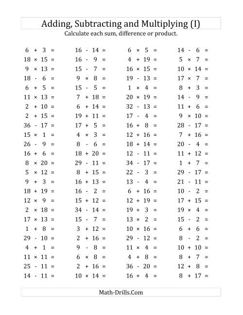 The 100 Horizontal Addition/Subtraction/Multiplication Questions (Facts 1 to 20) (I) Math Worksheet