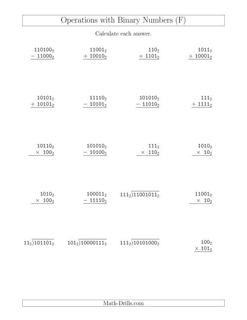 The All Operations with Binary Numbers (Base 2) (F) Math Worksheet