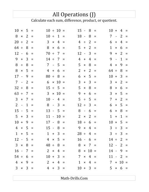 The 100 Horizontal Mixed Operations Questions (Facts 1 to 10) (J) Math Worksheet