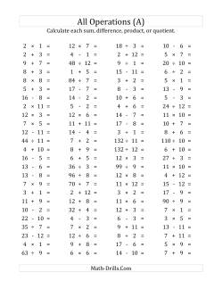 100 Horizontal Mixed Operations Questions (Facts 1 to 12)