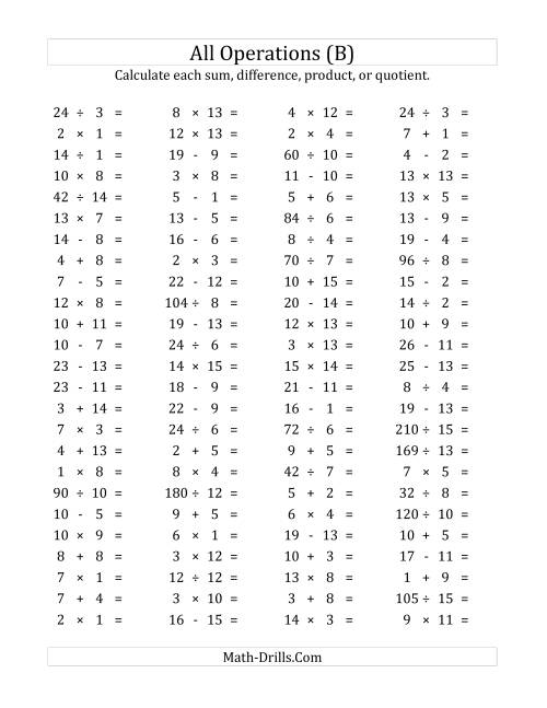 The 100 Horizontal Mixed Operations Questions (Facts 1 to 15) (B) Math Worksheet
