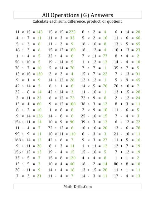 The 100 Horizontal Mixed Operations Questions (Facts 1 to 15) (G) Math Worksheet Page 2
