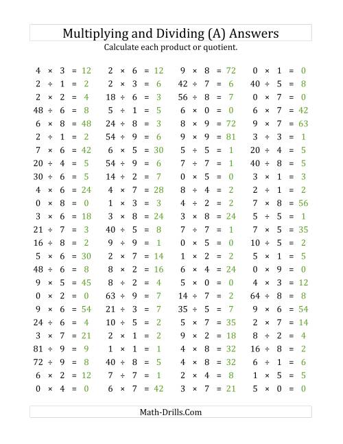 100 horizontal multiplicationdivision questions facts 0 to 9 a