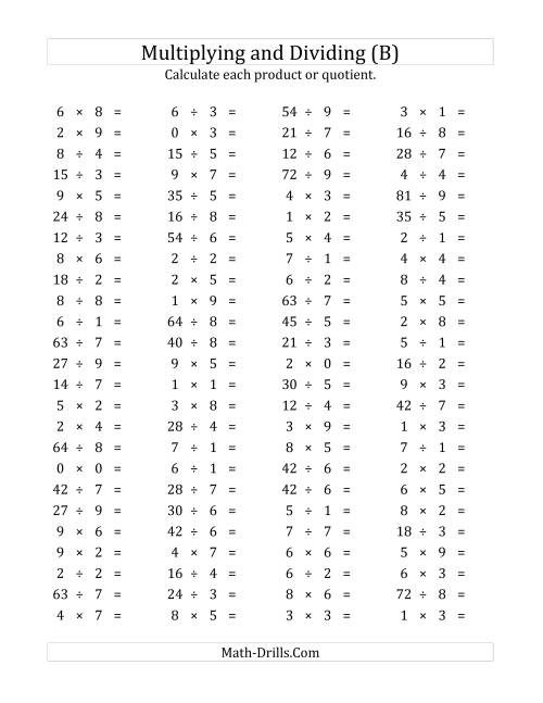 The 100 Horizontal Multiplication/Division Questions (Facts 0 to 9) (B) Math Worksheet
