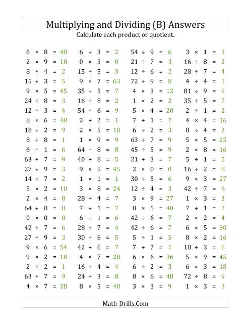 The 100 Horizontal Multiplication/Division Questions (Facts 0 to 9) (B) Math Worksheet Page 2