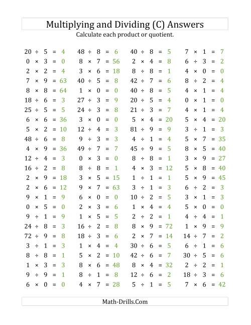 The 100 Horizontal Multiplication/Division Questions (Facts 0 to 9) (C) Math Worksheet Page 2