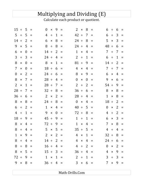 The 100 Horizontal Multiplication/Division Questions (Facts 0 to 9) (E) Math Worksheet