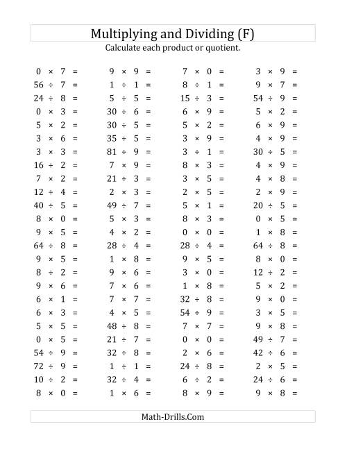 The 100 Horizontal Multiplication/Division Questions (Facts 0 to 9) (F) Math Worksheet