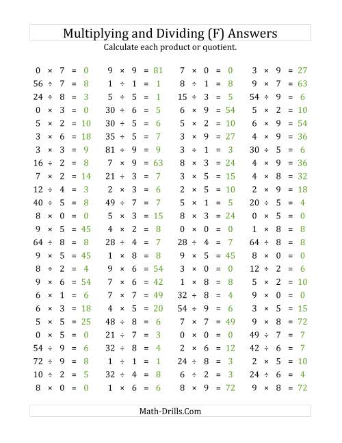 The 100 Horizontal Multiplication/Division Questions (Facts 0 to 9) (F) Math Worksheet Page 2