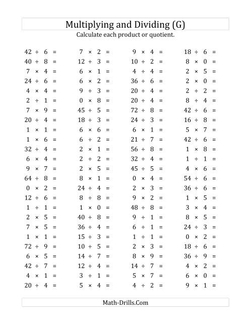 The 100 Horizontal Multiplication/Division Questions (Facts 0 to 9) (G) Math Worksheet