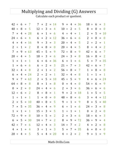 The 100 Horizontal Multiplication/Division Questions (Facts 0 to 9) (G) Math Worksheet Page 2