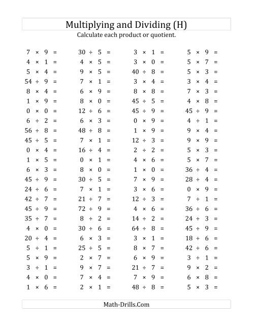 The 100 Horizontal Multiplication/Division Questions (Facts 0 to 9) (H) Math Worksheet