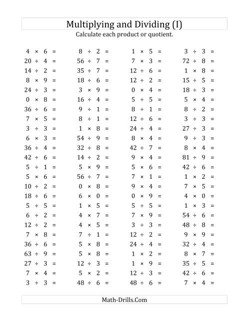 The 100 Horizontal Multiplication/Division Questions (Facts 0 to 9) (I) Math Worksheet