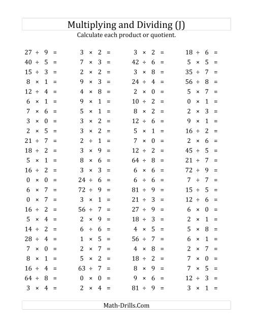 The 100 Horizontal Multiplication/Division Questions (Facts 0 to 9) (J) Math Worksheet