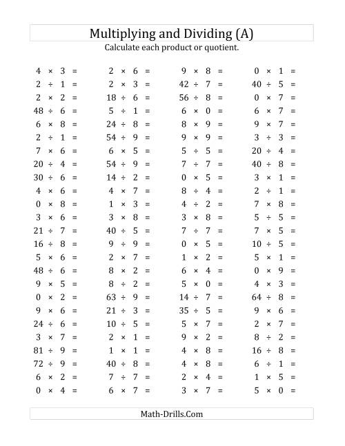 The 100 Horizontal Multiplication/Division Questions (Facts 0 to 9) (All) Math Worksheet