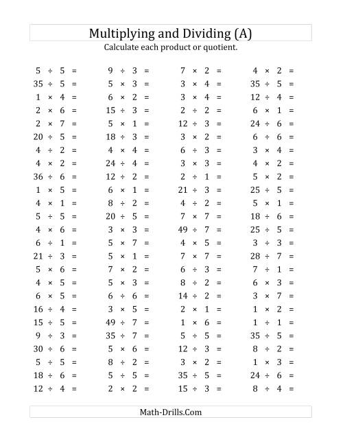 The 100 Horizontal Multiplication/Division Questions (Facts 1 to 7) (A) Math Worksheet