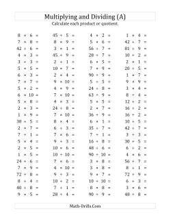 100 horizontal multiplication division questions facts 1 to 10 a