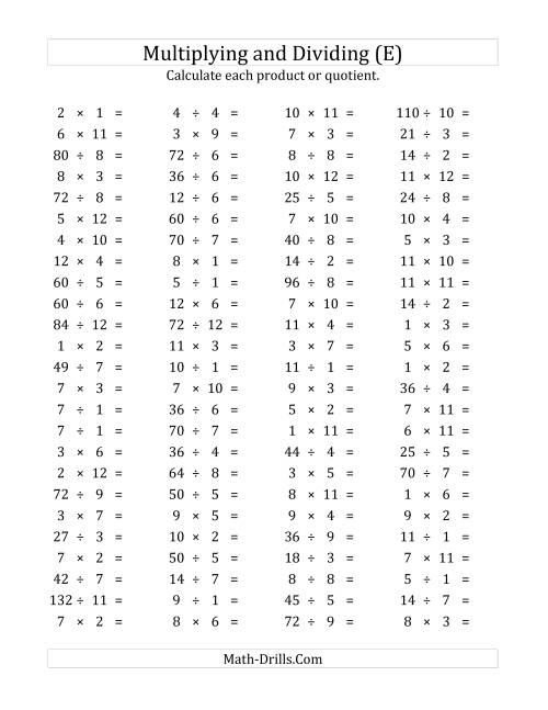 The 100 Horizontal Multiplication/Division Questions (Facts 1 to 12) (E) Math Worksheet