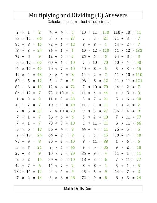 The 100 Horizontal Multiplication/Division Questions (Facts 1 to 12) (E) Math Worksheet Page 2