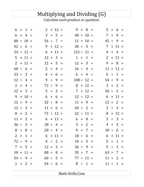 The 100 Horizontal Multiplication/Division Questions (Facts 1 to 12) (G) Math Worksheet