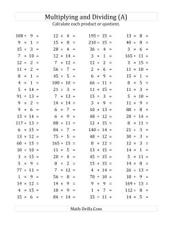 100 Horizontal Multiplication/Division Questions (Facts 1 to 15)