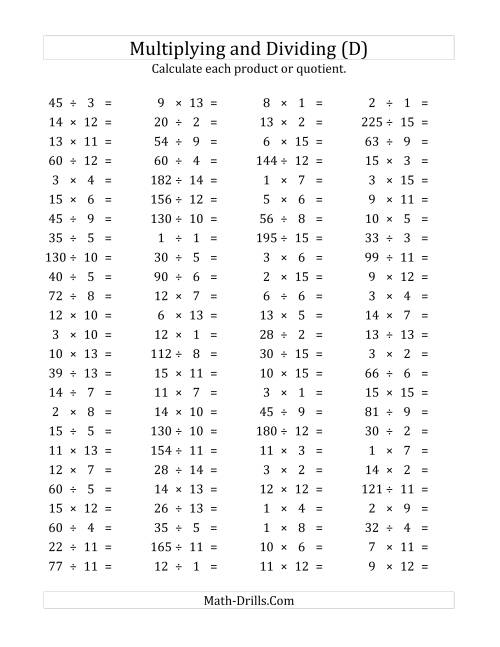 The 100 Horizontal Multiplication/Division Questions (Facts 1 to 15) (D) Math Worksheet