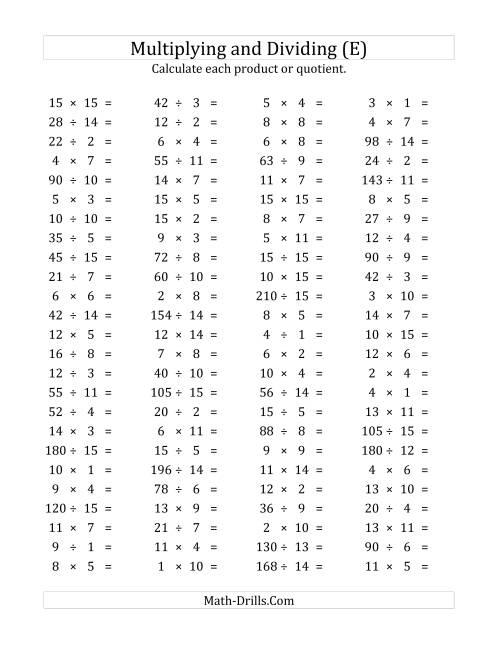 The 100 Horizontal Multiplication/Division Questions (Facts 1 to 15) (E) Math Worksheet