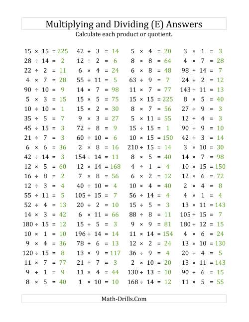 The 100 Horizontal Multiplication/Division Questions (Facts 1 to 15) (E) Math Worksheet Page 2