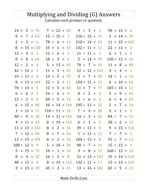 The 100 Horizontal Multiplication/Division Questions (Facts 1 to 15) (G) Math Worksheet Page 2
