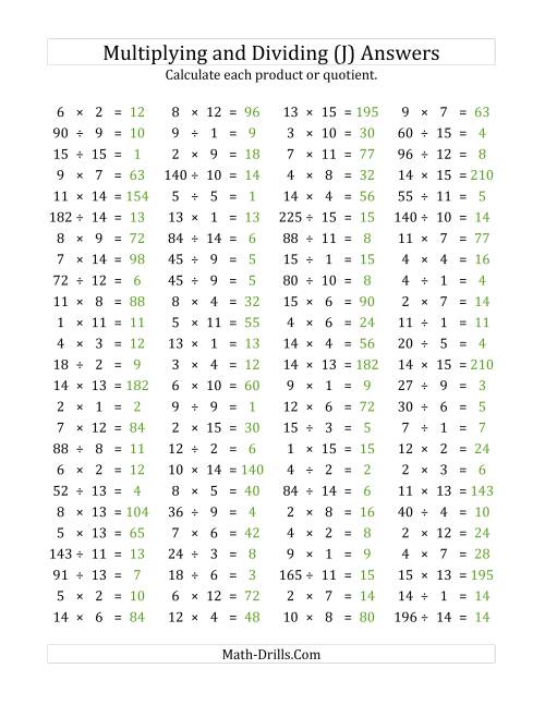 100 horizontal multiplicationdivision questions facts 1 to 15 j