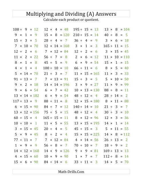 The 100 Horizontal Multiplication/Division Questions (Facts 1 to 15) (All) Math Worksheet Page 2