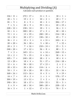 100 Horizontal Multiplication/Division Questions (Facts 1 to 20)
