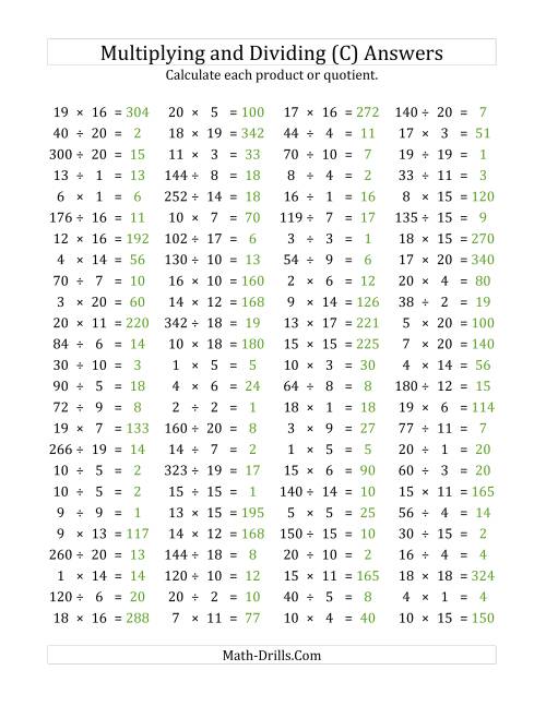 The 100 Horizontal Multiplication/Division Questions (Facts 1 to 20) (C) Math Worksheet Page 2
