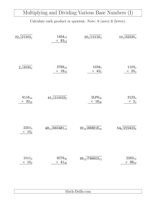 The Multiplying and Dividing Various Base Numbers (I) Math Worksheet