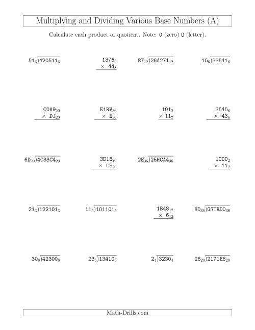 The Multiplying and Dividing Various Base Numbers (All) Math Worksheet