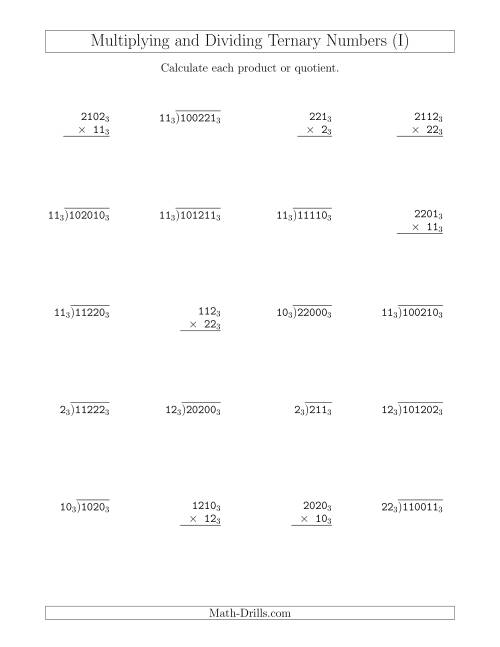 The Multiplying and Dividing Ternary Numbers (Base 3) (I) Math Worksheet