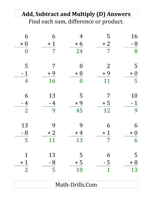 The Adding, Subtracting and Multiplying with Facts From 0 to 9 (D) Math Worksheet Page 2