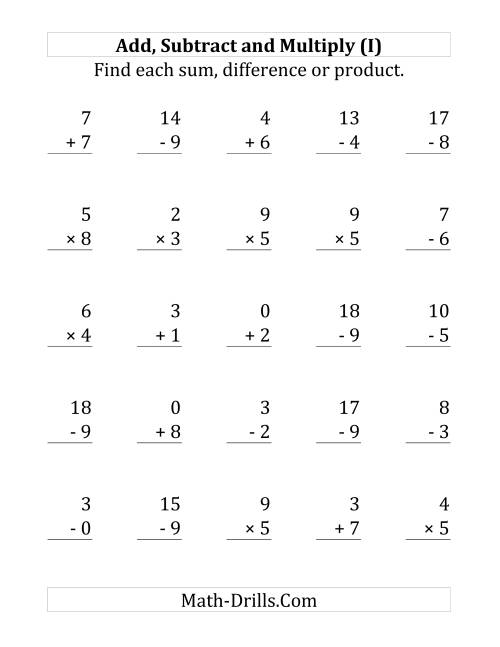 The Adding, Subtracting and Multiplying with Facts From 0 to 9 (I) Math Worksheet