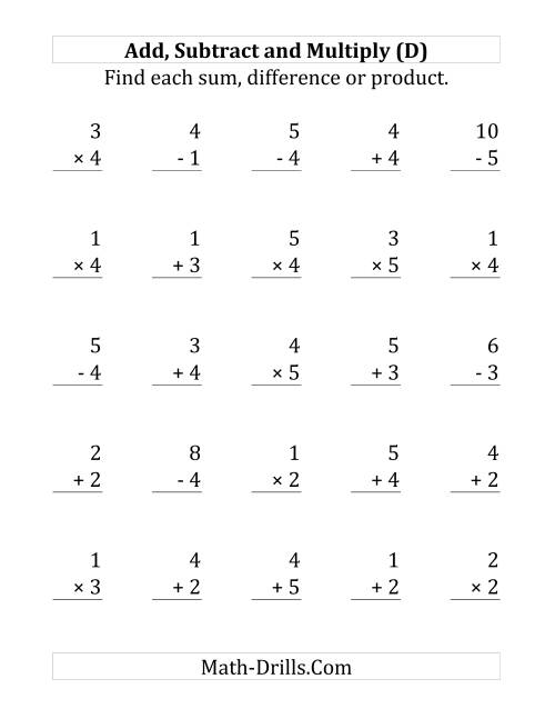 The Adding, Subtracting and Multiplying with Facts From 1 to 5 (D) Math Worksheet
