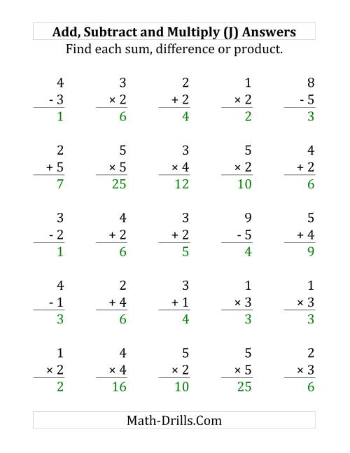 The Adding, Subtracting and Multiplying with Facts From 1 to 5 (J) Math Worksheet Page 2